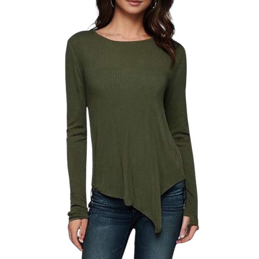 Madewell Green Asymmetrical Hem Top Ribbed Long Sleeve  Bohemian Versatile Small